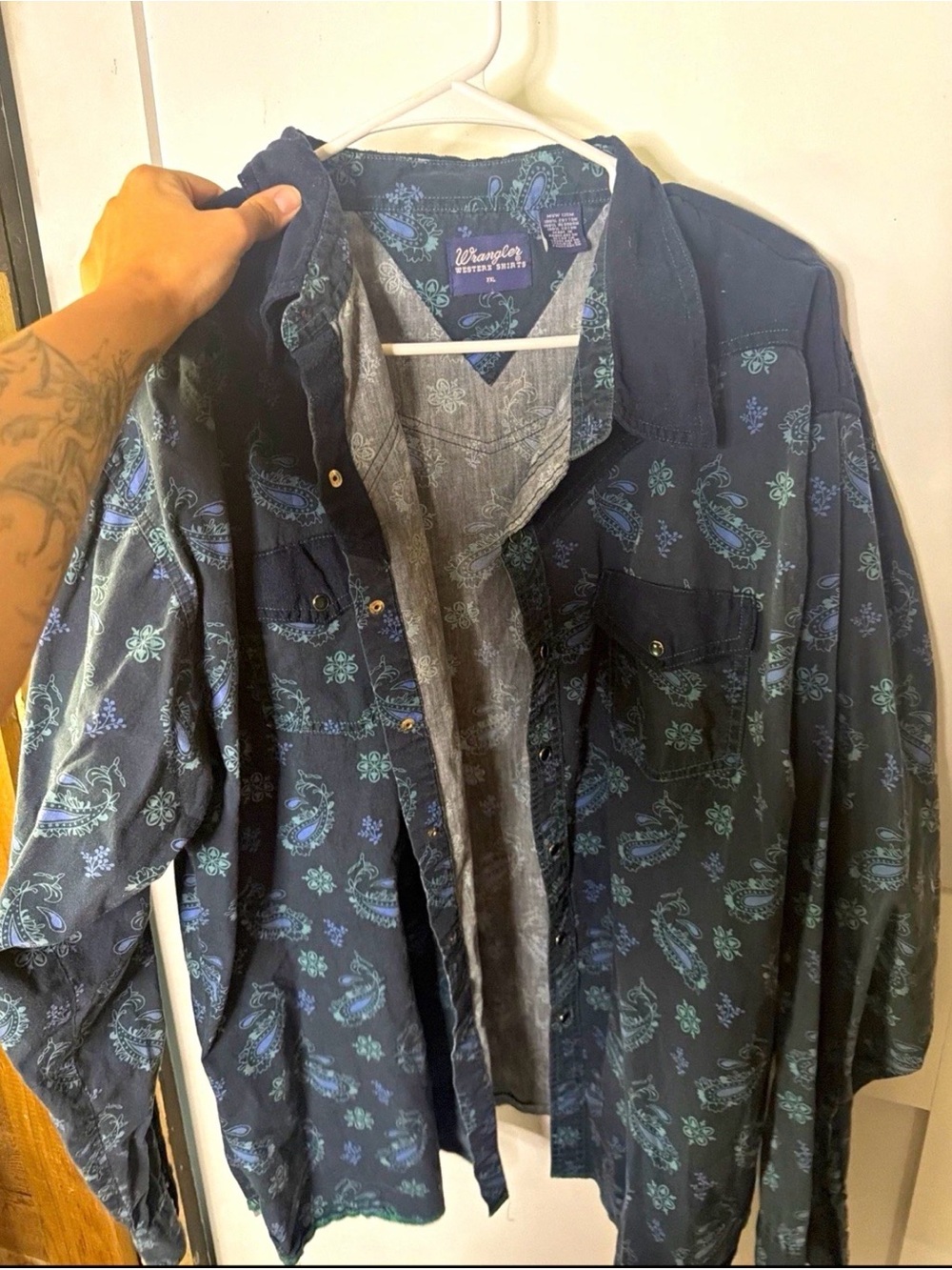 Wrangler Dark Blue Paisley Button-Down Shirt XXL pearl snaps
